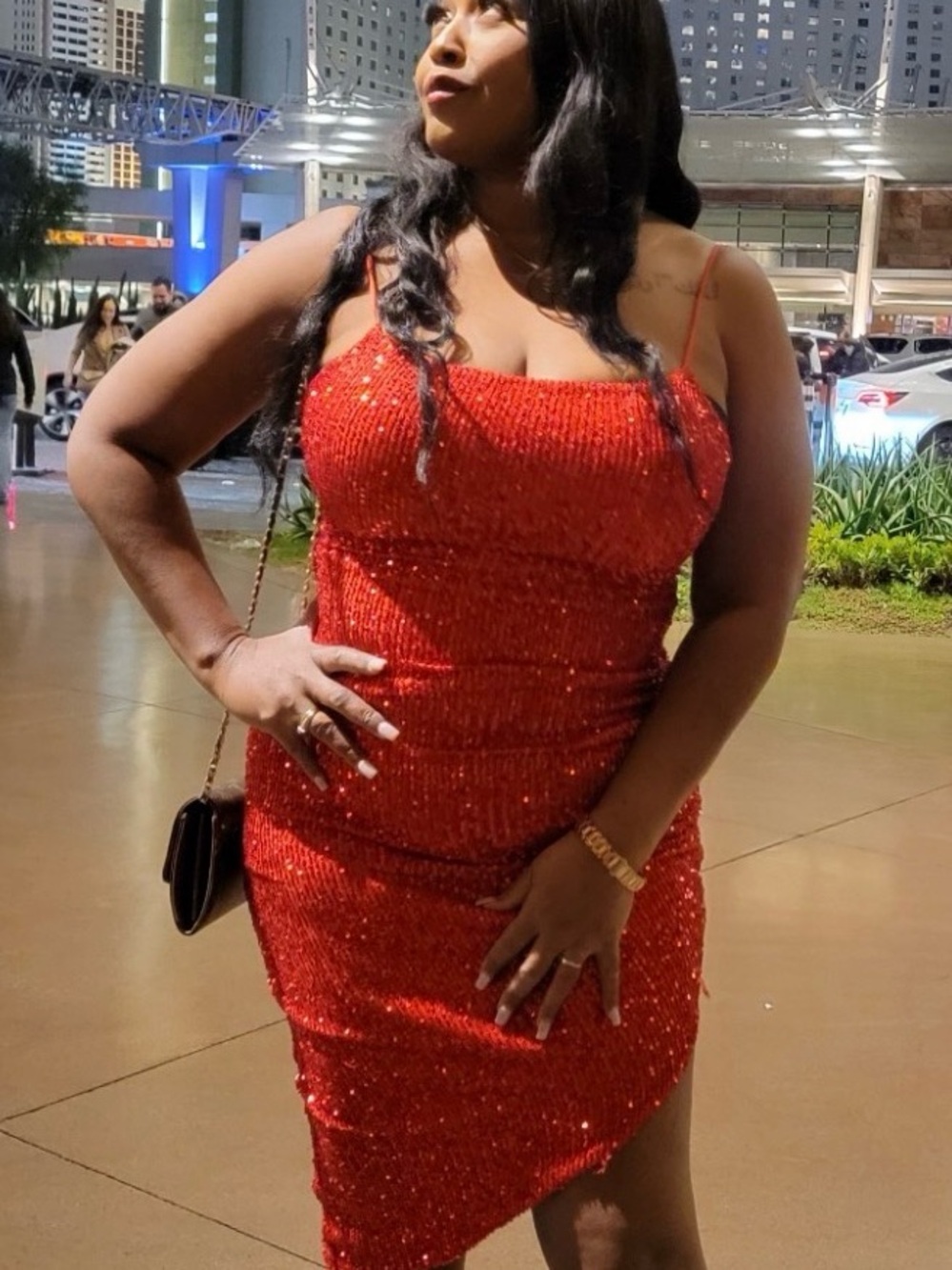 Women’s Red Sequin Midi Dress with Spaghetti Straps